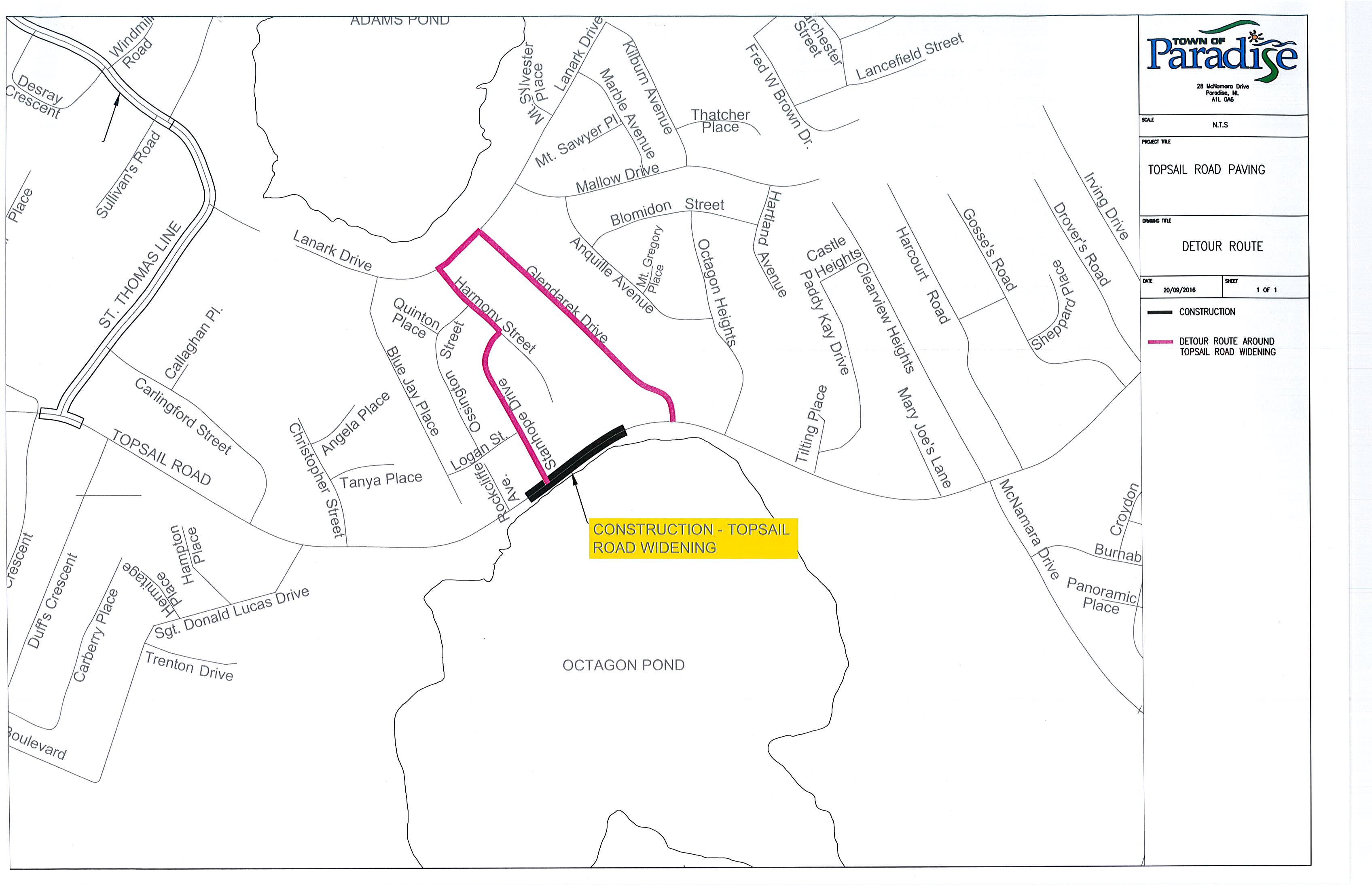 MAP_ Planned Detour on Topsail Road as Part of Paving Operations_September 20, 2016